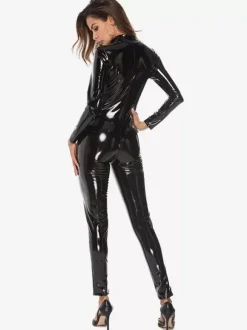 Clubwear Tops Fashion Jewel Neck Zipper Long Sleeves PU Leather Pole Dance Suits