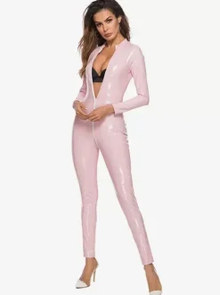Clubwear Tops Fashion Jewel Neck Zipper Long Sleeves PU Leather Pole Dance Suits