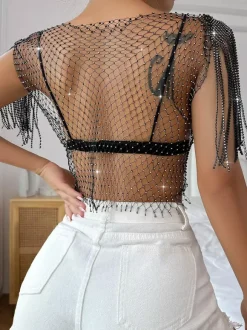 Clubwear Tops Fashion Jewel Neck Rhinestones Nylon Plaid Tops