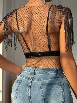Clubwear Tops Fashion Jewel Neck Rhinestones Nylon Plaid Tops