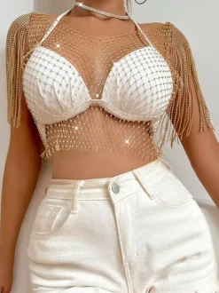 Clubwear Tops Fashion Jewel Neck Rhinestones Nylon Plaid Tops
