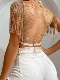 Clubwear Tops Fashion Jewel Neck Rhinestones Nylon Plaid Tops
