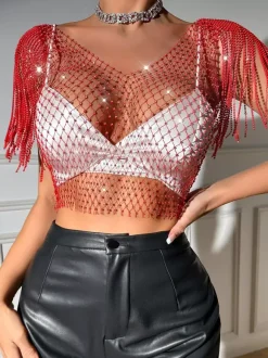 Clubwear Tops Fashion Jewel Neck Rhinestones Nylon Plaid Tops