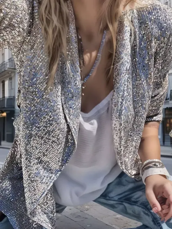 Clubwear Tops Fashion Turndown Collar Sequins Long Sleeves Blazers Cardigans