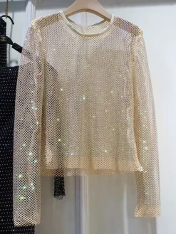 Clubwear Tops Sexy Jewel Neck Rhinestones Long Sleeves Polyester Clothes