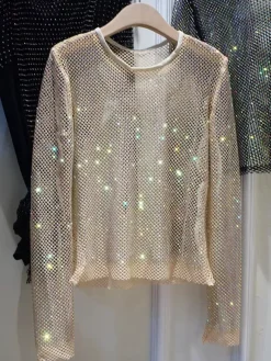 Clubwear Tops Sexy Jewel Neck Rhinestones Long Sleeves Polyester Clothes