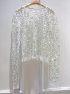 Clubwear Tops Sexy Jewel Neck Rhinestones Long Sleeves Polyester Clothes