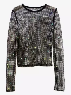 Clubwear Tops Sexy Jewel Neck Rhinestones Long Sleeves Polyester Clothes