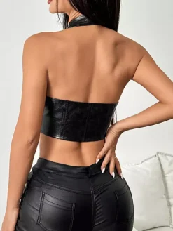 Clubwear Tops Sexy V-Neck Lace Up Sleeveless PU Leather Backless Tops