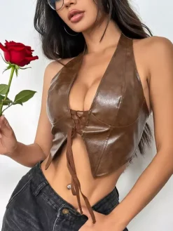 Clubwear Tops Sexy V-Neck Lace Up Sleeveless PU Leather Backless Tops
