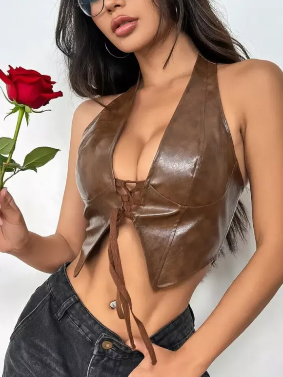 Clubwear Tops Sexy V-Neck Lace Up Sleeveless PU Leather Backless Tops