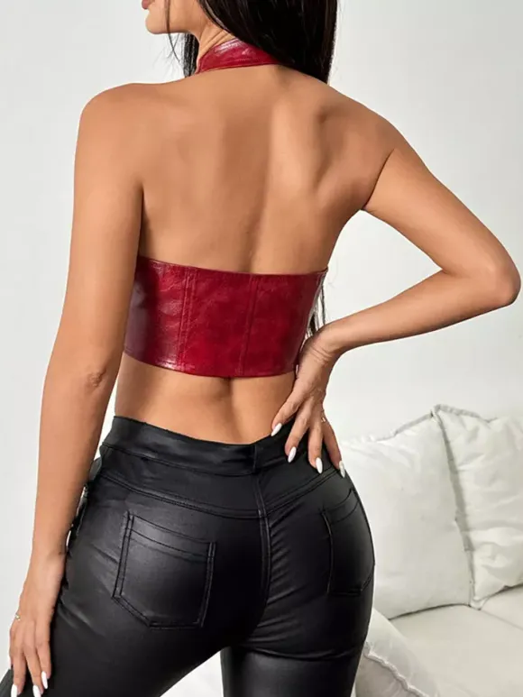 Clubwear Tops Sexy V-Neck Lace Up Sleeveless PU Leather Backless Tops