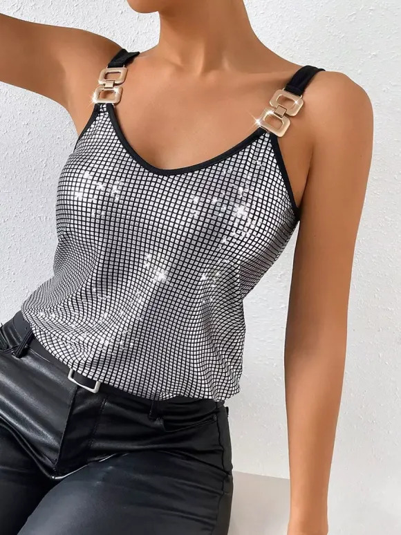 Clubwear Tops Stylish Straps Neck Sequins Sleeveless Tops