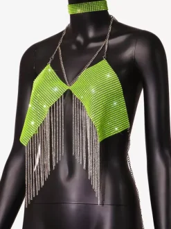 Clubwear Top Straps Halter Neck Chains Rhinestones Geometric Backless Tops