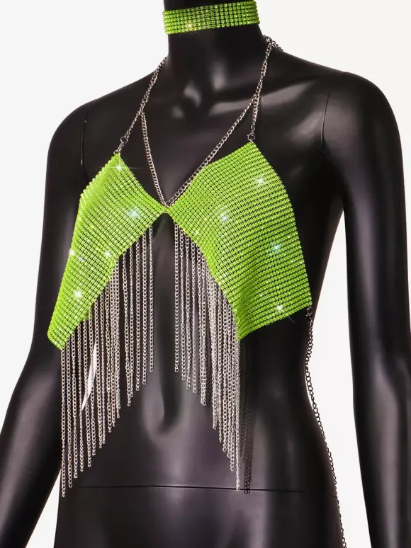 Clubwear Top Straps Halter Neck Chains Rhinestones Geometric Backless Tops