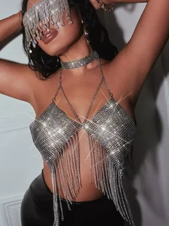 Clubwear Top Straps Halter Neck Chains Rhinestones Geometric Backless Tops