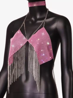 Clubwear Top Straps Halter Neck Chains Rhinestones Geometric Backless Tops