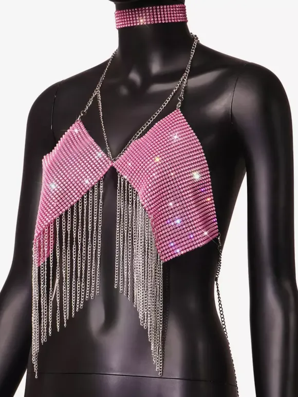 Clubwear Top Straps Halter Neck Chains Rhinestones Geometric Backless Tops