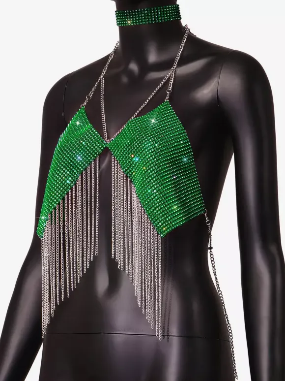 Clubwear Top Straps Halter Neck Chains Rhinestones Geometric Backless Tops