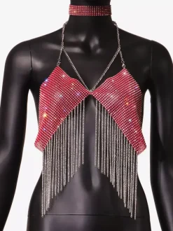 Clubwear Top Straps Halter Neck Chains Rhinestones Geometric Backless Tops