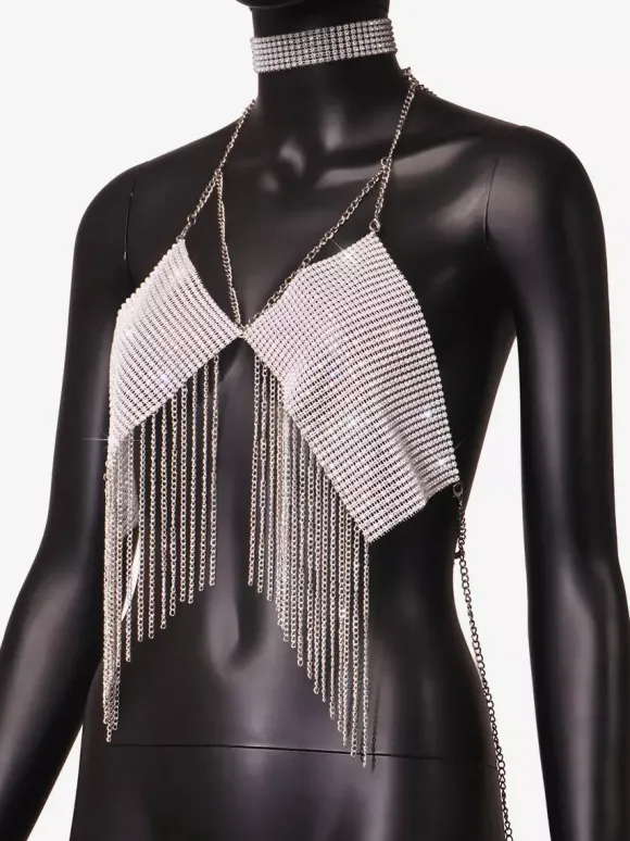 Clubwear Top Straps Halter Neck Chains Rhinestones Geometric Backless Tops