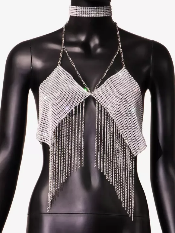 Clubwear Top Straps Halter Neck Chains Rhinestones Geometric Backless Tops