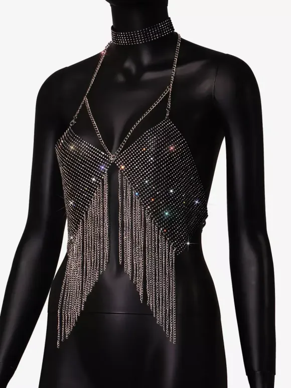 Clubwear Top Straps Halter Neck Chains Rhinestones Geometric Backless Tops