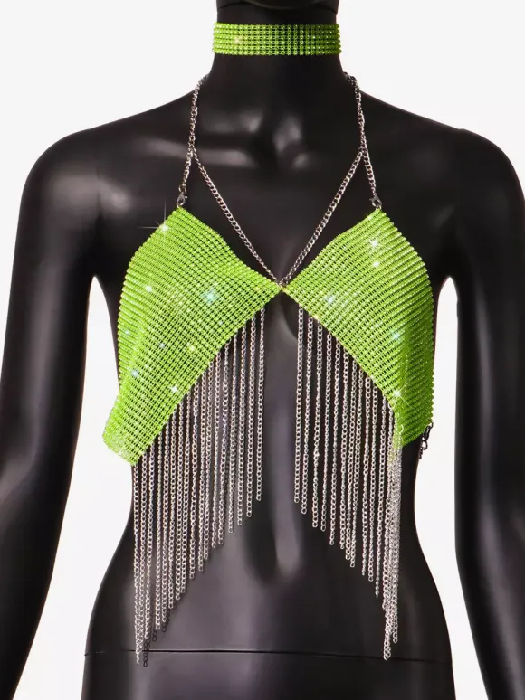Clubwear Top Straps Halter Neck Chains Rhinestones Geometric Backless Tops