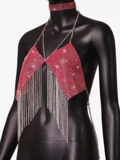 Clubwear Top Straps Halter Neck Chains Rhinestones Geometric Backless Tops