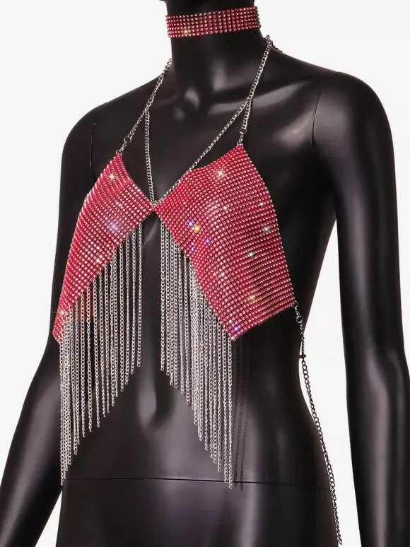Clubwear Top Straps Halter Neck Chains Rhinestones Geometric Backless Tops