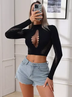 Clubwear Tops Trendy High Collar Cut Out Long Sleeves Tops