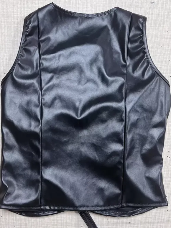 Clubwear Top Stylish V-Neck Pleated Sleeveless PU Leather Open Shoulder