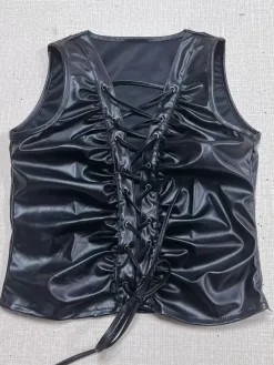 Clubwear Top Stylish V-Neck Pleated Sleeveless PU Leather Open Shoulder