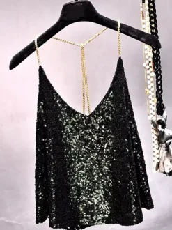 Clubwear Top Trendy Straps Neck Sequins Chains Sleeveless Backless Tops
