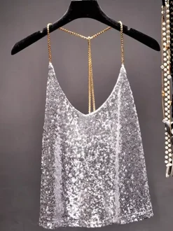Clubwear Top Trendy Straps Neck Sequins Chains Sleeveless Backless Tops
