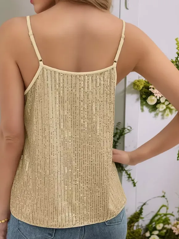 Clubwear Top Trendy V-Neck Sequins Sleeveless T-shirt