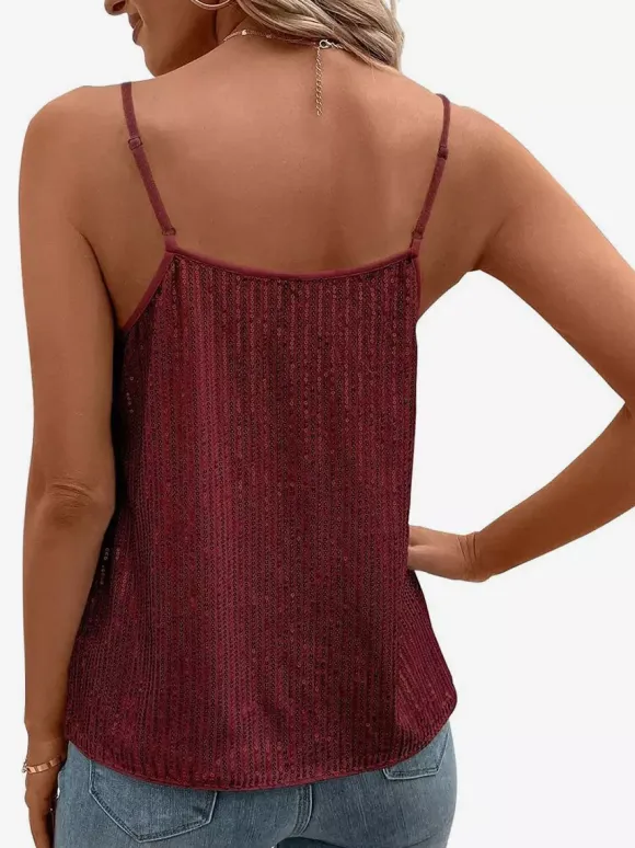 Clubwear Top Trendy V-Neck Sequins Sleeveless T-shirt