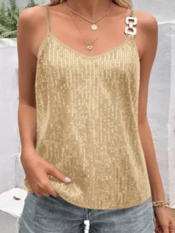 Clubwear Top Trendy V-Neck Sequins Sleeveless T-shirt