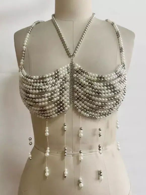 Clubwear Top Unique Halter Chains Backless Pearls Tops