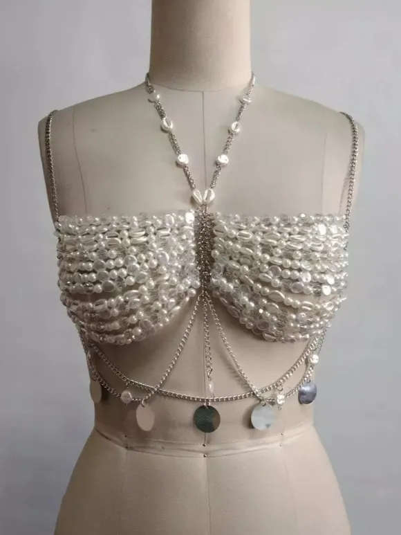 Clubwear Top Unique Halter Pearls Backless Tops