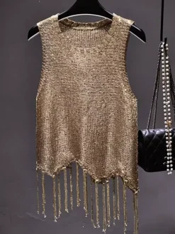 Clubwear Top Unique Jewel Neck Sequins Sleeveless Clothes