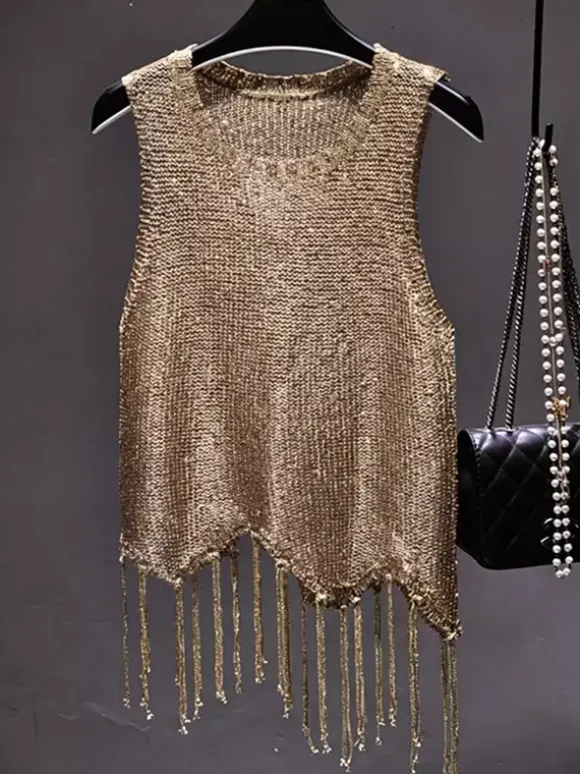 Clubwear Top Unique Jewel Neck Sequins Sleeveless Clothes