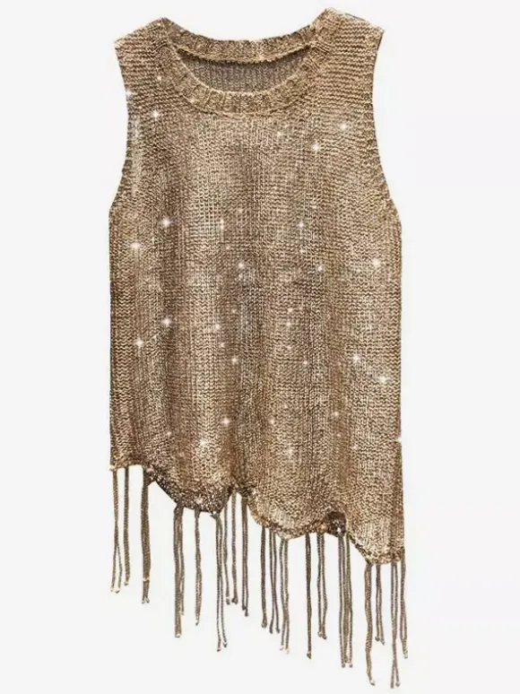 Clubwear Top Unique Jewel Neck Sequins Sleeveless Clothes