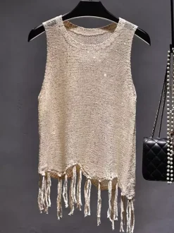 Clubwear Top Unique Jewel Neck Sequins Sleeveless Clothes