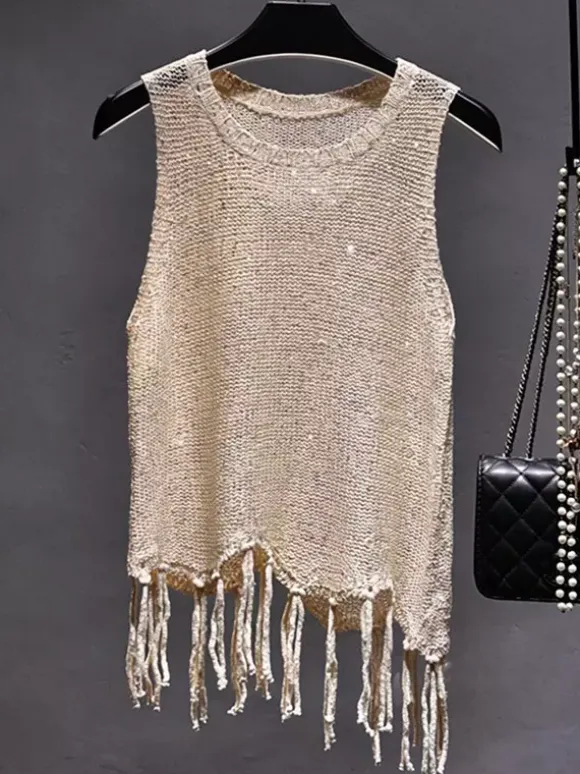 Clubwear Top Unique Jewel Neck Sequins Sleeveless Clothes