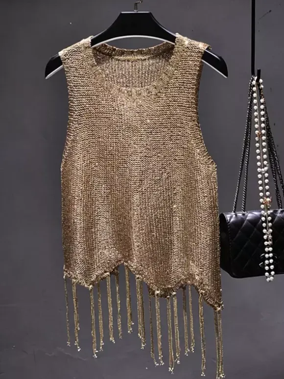 Clubwear Top Unique Jewel Neck Sequins Sleeveless Clothes
