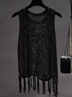 Clubwear Top Unique Jewel Neck Sequins Sleeveless Clothes