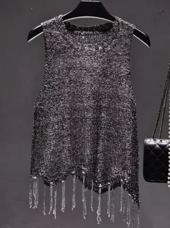 Clubwear Top Unique Jewel Neck Sequins Sleeveless Clothes