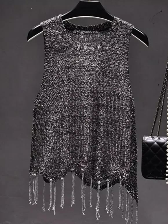 Clubwear Top Unique Jewel Neck Sequins Sleeveless Clothes