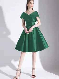 Cocktail Dress 2026 A-Line V-Neck Knee-Length Short Sleeves Lace-Up Pleated Satin Little Black Dress Free Customization